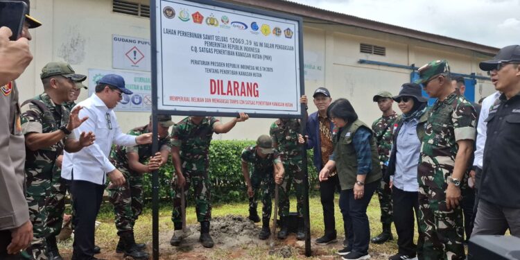 Foto: DIAN/MATA KALTENG - Pemasangan plang penyitaan oleh Satgas Garuda PKH di PT Globalindo Alam Perkasa (GAP), 18 Maret 2025.