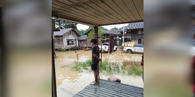 FOTO : BPBD GUMAS/MATA KALTENG - Sejumlah rumah warga di Kecamatan Tewah mulai terendam banjir akibat meluapnya Sungai Kahayan, Rabu, 9 April 2025 pagi.
