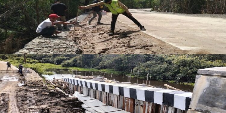 Pengerjaan yang dilakukan saat ini (atas). Foto pengerjaan sheet pile yang dikerjakan di Jalan Telang Siong Bengkaong, Barsel, yang nantinya dikerjakan di Jalan titik rusak di Jalan Ujung Pandaran-Kuala Pembuang kedepan (bawah)