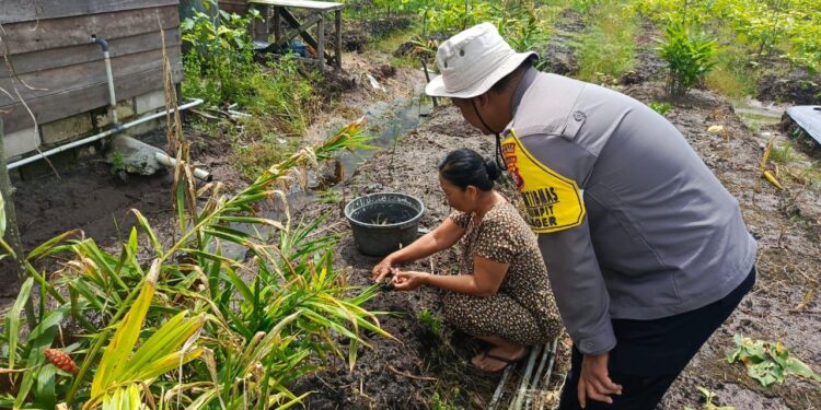 FOTO: MATAKALTENG - Bhabinkamtibmas Kelurahan Pager, Aipda Eko Pramono, pada saat menyambangi pekarangan warga.