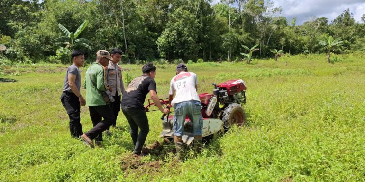 FOTO : POLSEK KAHUT/MATA KALTENG - Personel Polsek Kahut dan PPL bergotong royong membersihkan lahan tidur untuk dimanfaatkan menanam jagung, Kamis, 15 Mei 2025.
