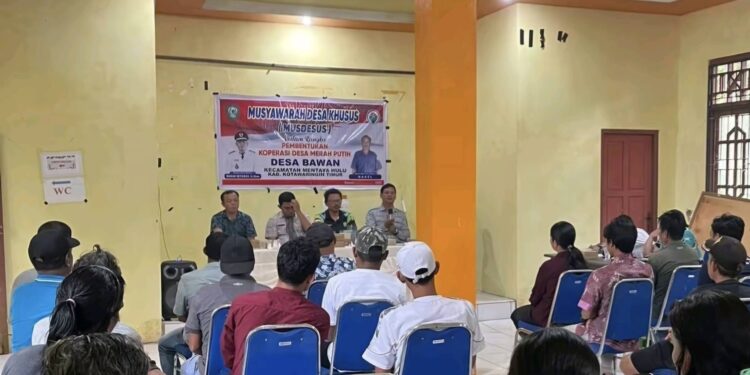 Foto:IST/MATA KALTENG - Musyawarah khusus pembentukan koperasi merah putih di desa Bawan, Kecamatan Mentaya Hulu, Kabupaten Kotim, 12 Mei 2025.