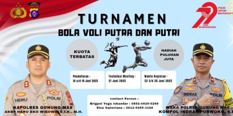 FOTO : HUMAS POLRES GUMAS/MATA KALTENG - Pamflet turnamen bola voli yang akan digelar Polres Gumas, dalam rangka memeriahkan HUT Bhayangkara ke-79.