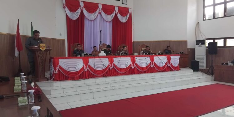 FOTO : DPRD GUMAS/MATA KALTENG - Juru Bicara Fraksi Partai Perindo DPRD Kabupaten Gumas Darwinson Concon ketika menyampaikan pandangan umum atas Pidato Pengantar Bupati terhadap Rancangan Akhir RPJMD tahun 2025-2029, di rapat paripurna ke-8 masa persidangan III tahun sidang 2025, Selasa, 1 Juli 2025.
