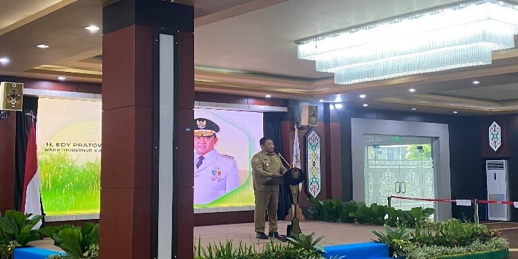 FOTO: NRA/MATAKALTENG - Wakil Gubernur Kalimantan Tengah, Edy Pratowo saat menghadiri dan memberikan sambutan dalam agenda Pelantikan DPD Pemuda Tani Provinsi Kalimantan Tengah, Selasa 15 Juli 2025.