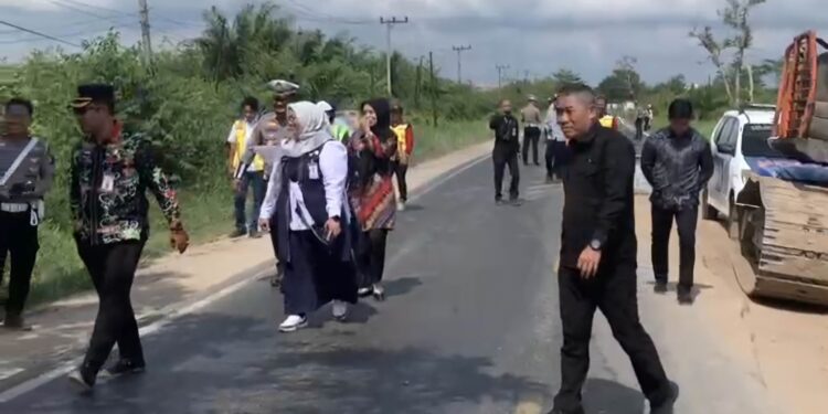 Foto:IST/MATA KALTENG - Wabup Kotim Irawati saat meninjau perbaikan jembatan Sei Lenggana.