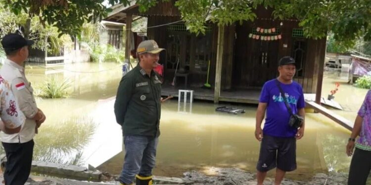Foto : Bupati Sukamara, Masduki saat meninjau Lokasi banjir di Kabupaten Sukamara.