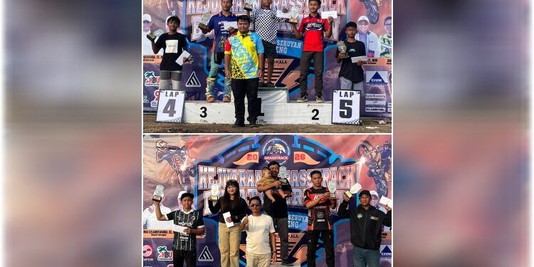 FOTO: IST/MATAKALTENG- Para pembalap saat naik podium pada saat event Grasstrack Bupati Seruyan beberapa waktu lalu.