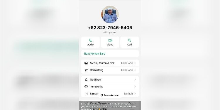 Foto:IST/MATA KALTENG - Nomor whatsapp yang mencatut nama Ketua Komisi II DPRD Kotim.