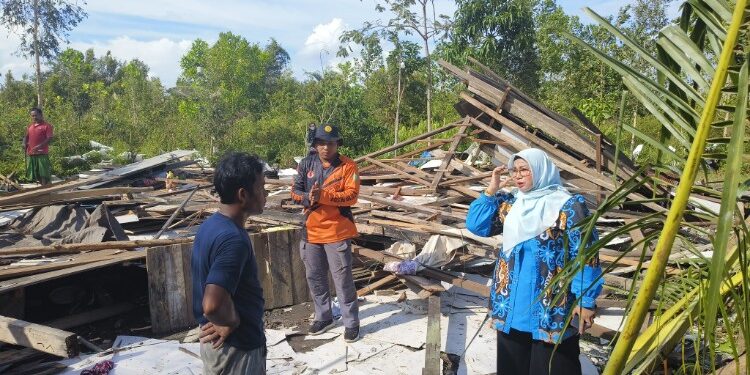 Foto:DIAN/MATA KALTENG - Wabup Kotim Irawati saat tinjau kondisi rumah roboh akibat angin kencang, 5 Februari 2026.