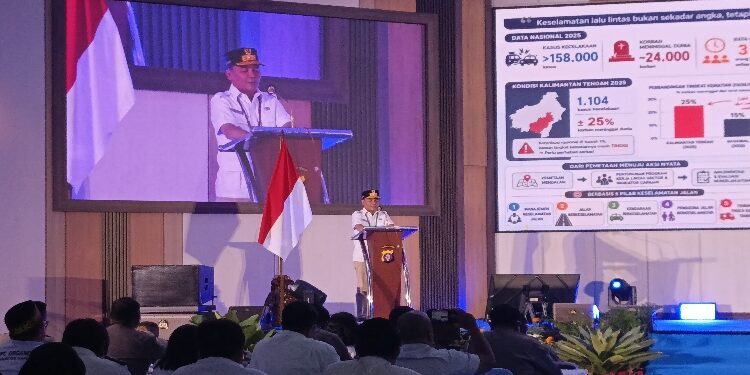 FOTO: NRA/MATAKALTENG - Gubernur Kalteng H. Agustiar Sabran saat menyampaikan sambutan pada Rapat Kerja Forum Lalu Lintas dan Angkutan Jalan Tingkat Daerah Kalteng Tahun 2026.