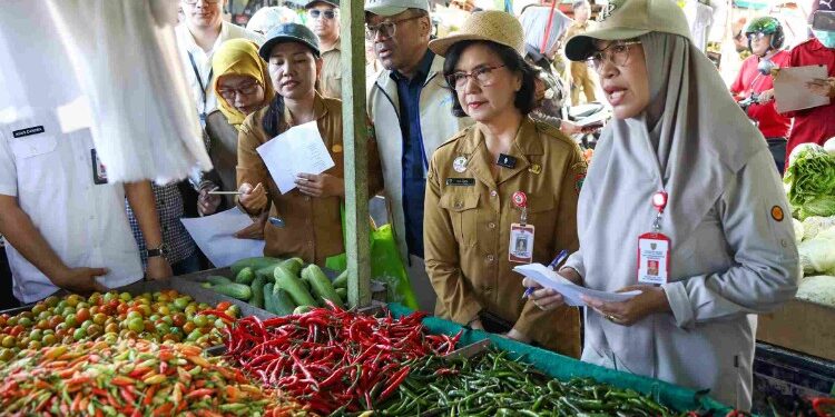 FOTO: IST/MMCKALTENG - Pj. Sekda Linae Aden saat memantau harga beras di Pasar Besar.